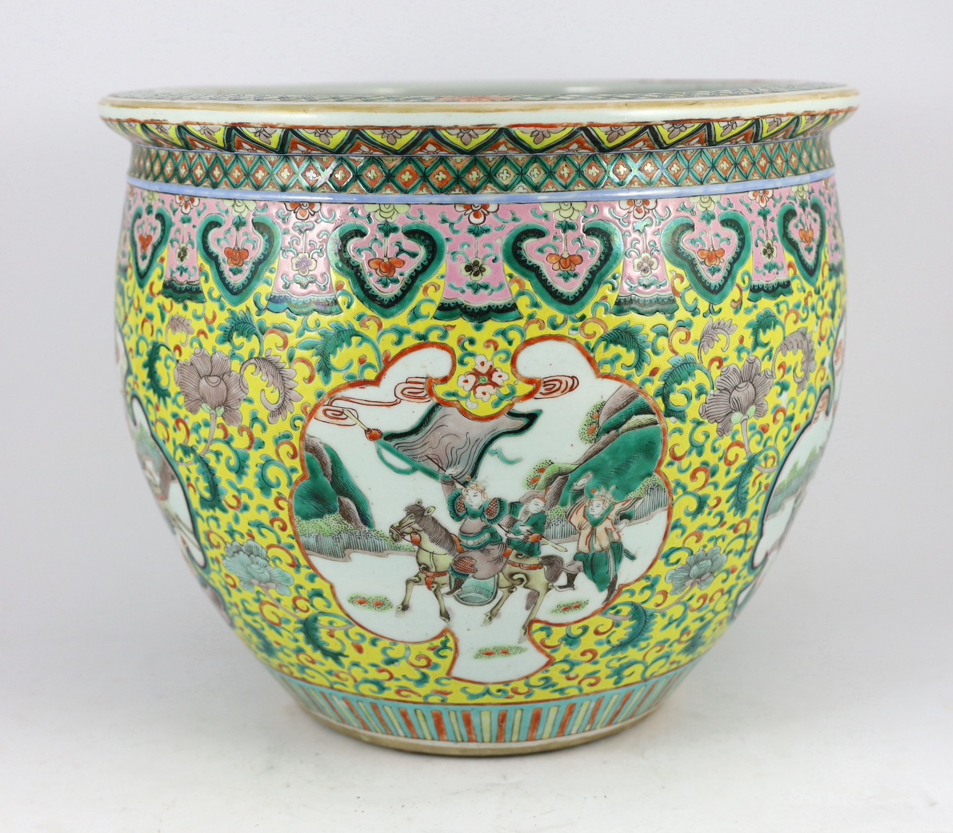 A Chinese enamelled porcelain goldfish bowl, late 19th century, 42cm diameter 35cm high, several short hairline cracks to the body